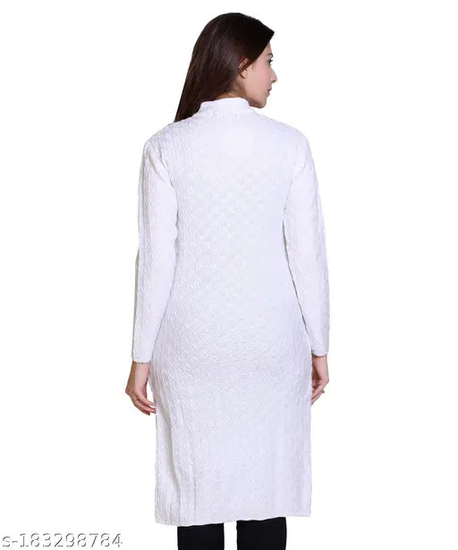 Embroidered net acrylic-wool winter cardigan with side pockets, warm & stylish women's sweater. Unique design, pair with jeans or leggings." (106 characters)