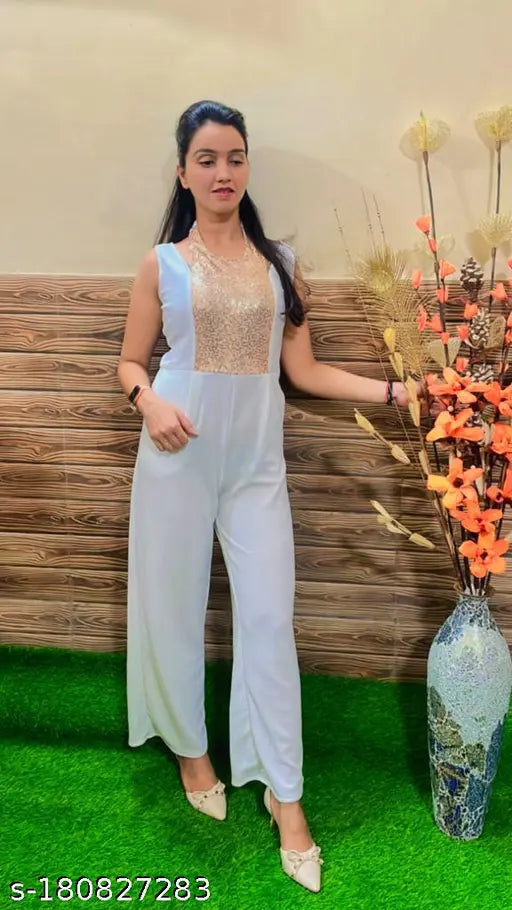 Trendy party wear polyester jumpsuit with sequin embellishments, sleeveless, halter neck, deep v backline, XL size (42in bust, 52in length, 36in waist, 40in hip)