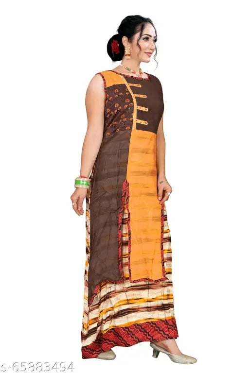 Art Silk sleeveless table-length printed kurta from Table Creations, featuring self-design pattern. Available in M (Bust 38", Length 50"), L (Bust 40", Length 50"), XL (Bust 42", Length 50"), XXL (Bust 44", Length 50"). Enhance your fashion with this breathable, comfortable ethnic wear