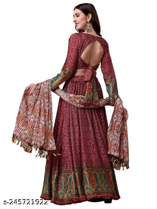 Embroidered chiffon Lehenga Choli set with dupatta and tassels, India-origin, semi-stitched (Lehenga: 42m waist, 44m length, Duppatta: 2.25m), heavy chinnon crush fabric
