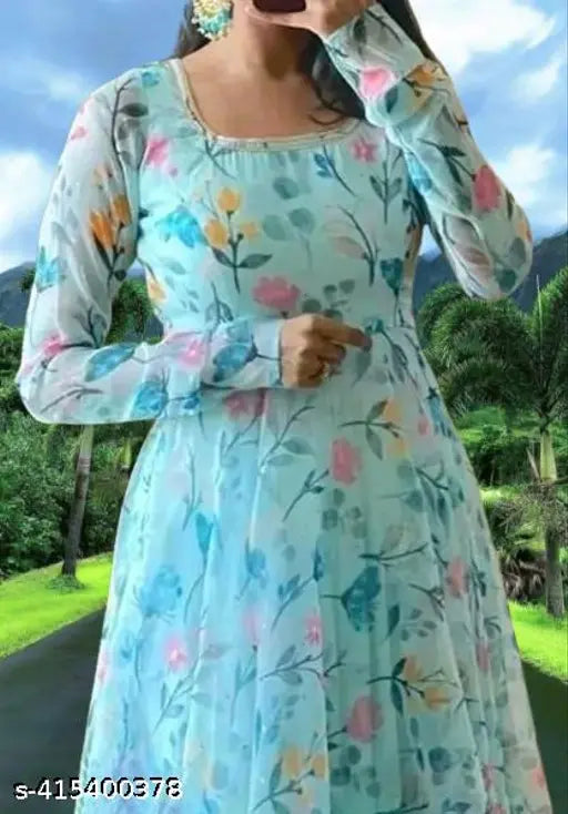 Premium sky blue flower printed georgette gown with lace dupatta, hand-wash only, suitable for parties and festivities
