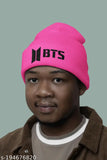Pink embroidered wool beanie featuring BTS Kpop fan art, Maxall branded