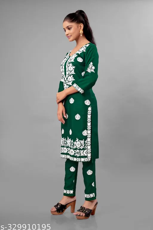 Rayon embroidered net Chikankari Kurta and pants set, three-quarter sleeves, festival special full embroidery, India origin