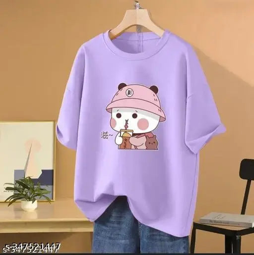 Lavender sipper panda oversized cotton blend t-shirt, loose fit, long sleeves, printed pattern, women's oversized combo, India origin