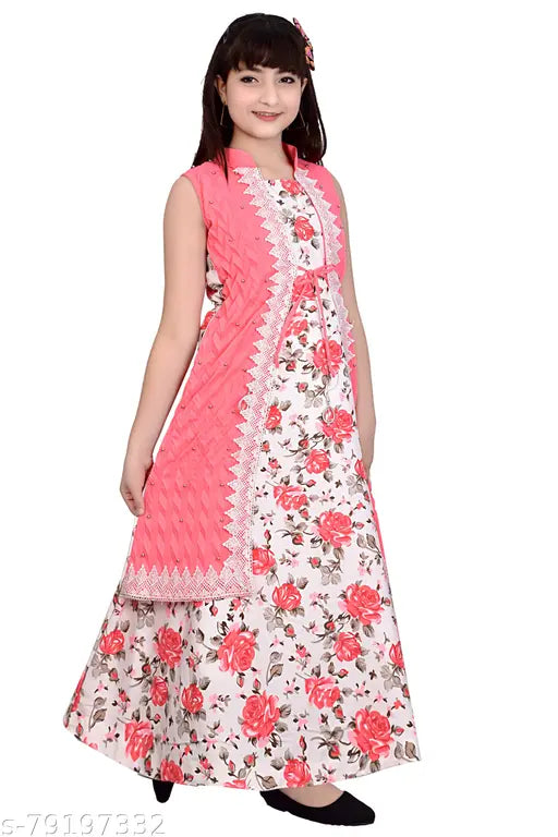 Gajari flower printed cotton ethnic gown for girls (single), vibrant digital floral design in fine quality cotton blend