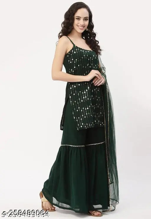 Green Georgette embroidered sharara suit set - sleeveless, embellished net Indian traditional wear for women" (104 characters)