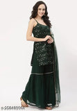 Green Georgette embroidered sharara suit set - sleeveless, embellished net Indian traditional wear for women" (104 characters)