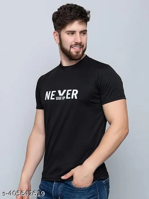White polyester printed round neck men's t-shirt with Never Give U logo, perfect for sports and gym wear