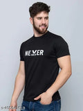 White polyester printed round neck men's t-shirt with Never Give U logo, perfect for sports and gym wear