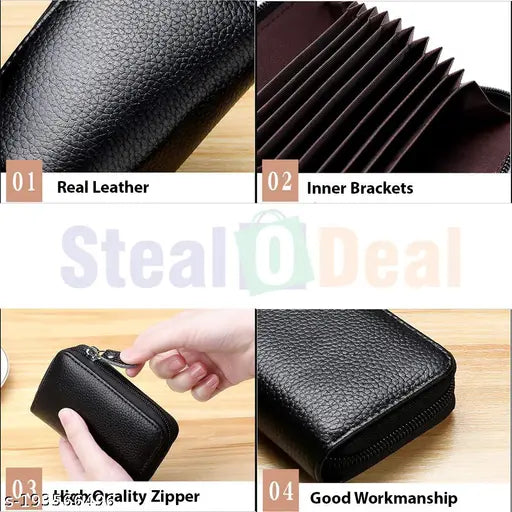 Black leather RFID-blocking cardholder with 10 slots for various cards, ideal for both women and men, features secure zipper closure, textured pattern, and compact size