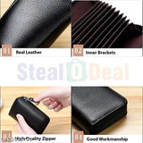 Black leather RFID-blocking cardholder with 10 slots for various cards, ideal for both women and men, features secure zipper closure, textured pattern, and compact size