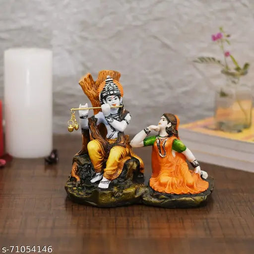 Multicolor Polyresin Lord Krishna Idol, intricately handcrafted Indian God figure, measures 12.5 cm (L) x 15 cm (H) x 11.5 cm (B), suitable for worship and home decor
