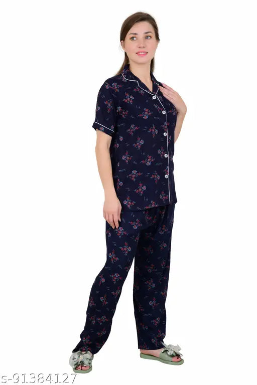 Rayon printed night suit set: women's half-sleeve shirt & pyjama, Indian origin, stylish yet functional sleepwear