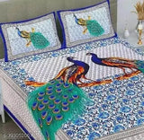 Pure cotton, peacock-patterned Jaipuri double bedsheets with 2 pillow covers - ideal for summer, perfect for adults