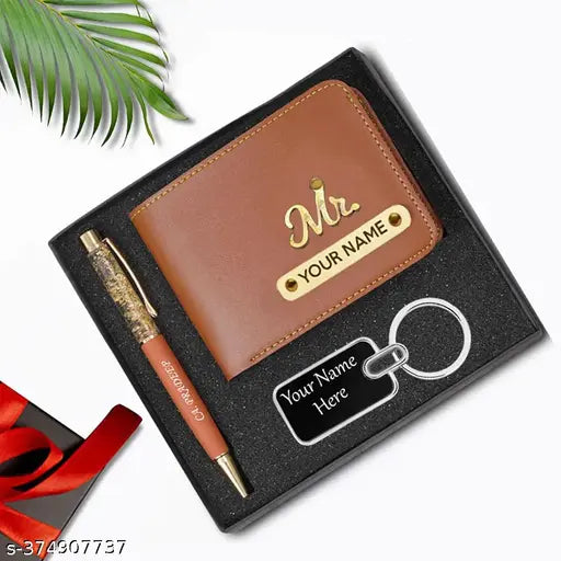 Faux leather men's wallet & keychain with name engraving, personalized Combo - India-made gift for special occasions