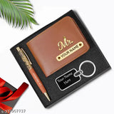 Faux leather men's wallet & keychain with name engraving, personalized Combo - India-made gift for special occasions