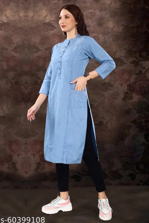 Denim pocket kurti, solid color denim with three-quarter sleeves. Women's & girls sizes M-6XL. Traditional Indian tunic with modern twist