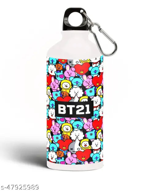 White aluminum BTS Bangtan Boys theme fan art sipper water bottle, 600ml with standard lightweight cap and carbiner clip