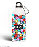 White aluminum BTS Bangtan Boys theme fan art sipper water bottle, 600ml with standard lightweight cap and carbiner clip