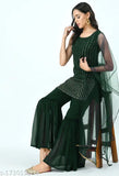 Green embroidered Mukaissh kurti & sharara set with dupatta, Indian women's fashion, sleeveless, XS-XXL sizes