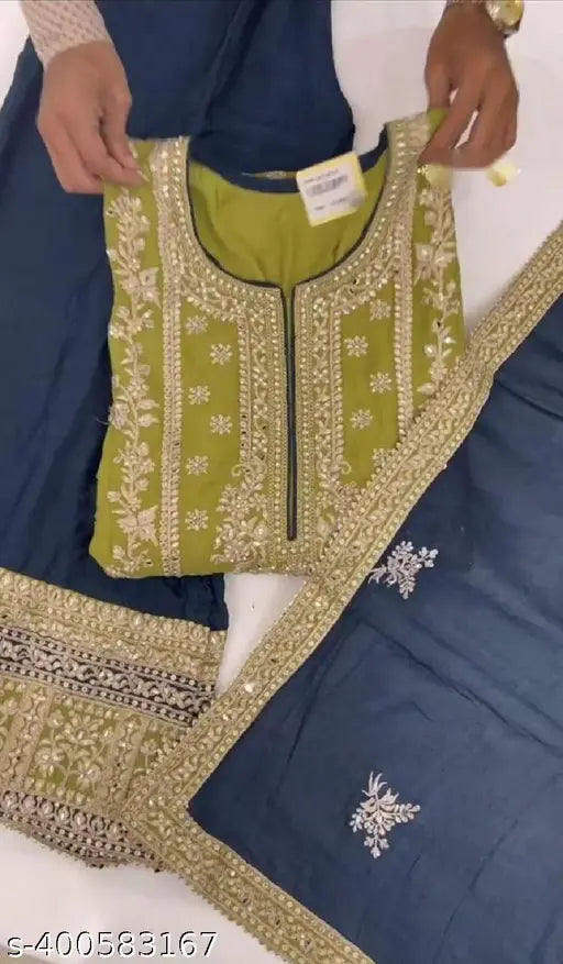Georgette embroidered net kurta set with dupatta and pants for women, single size S-XXL, Indian origin