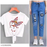 Blue cotton blend layered jeans combo with pretty print t-shirt, women's casual wear
