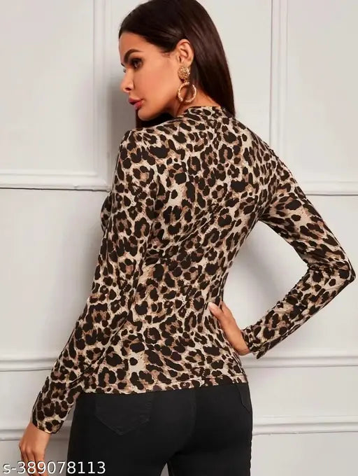 Black animal print polyester blend high-neck long sleeves top, casual and stylish, 23 inches length