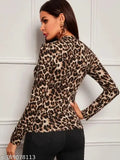 Black animal print polyester blend high-neck long sleeves top, casual and stylish, 23 inches length