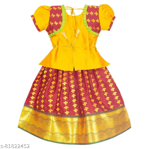 Brand new chanderi silk pattu Pavadai Lehenga Choli, embellished and embroidered, short sleeves, trending collection for girls aged 1-2 years, Indian origin