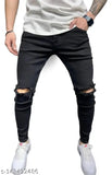 Black polycotton men's tapered ankle length jeans with distressed knee and ripped design