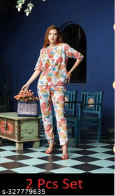 GRECIILOOKS women's botanical round nightsuit set (2pc) in polycotton, ideal for sleepwear & loungewear