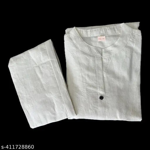 Jasmine White cotton kurta-palazzo coord set, featuring short sleeves and solid design, showcasing intricate Kaatha embroidery. Made in India