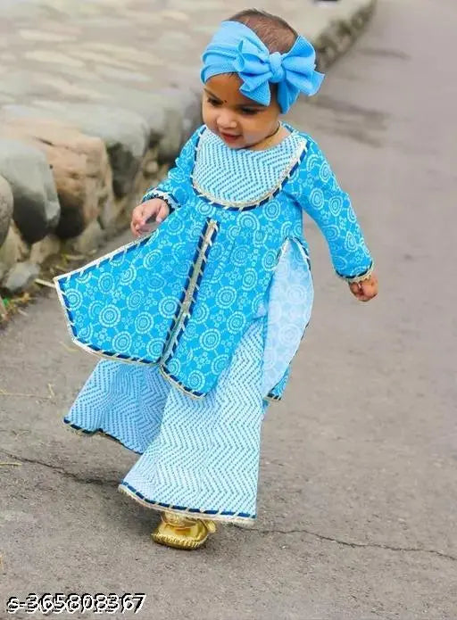 Blue pure cotton Baby Girls Sanganeri Printed Kurti Sharara Set - Traditional Indian ethnic wear for girls