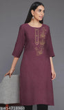 Maroon woolen kurti with green solid embroidered mandarin collar, three-quarter sleeves, women's wear