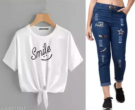 Cotton blend denim short sleeved T-shirt, trendy feminine style for women, pack of 2, India origin