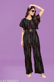 Women's rayon foil printed jumpsuit with three-quarter sleeves, size M-XL. Indian-made printed net jumpsuit for women