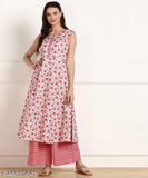 Voguish women's cotton kurta sets with palazzos, sleeveless, printed net design, single set available in sizes XS-XXXL. Indian origin