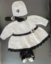 Handmade acrylic sleeveless baby girl frock with embellished net, cap, and booties - Indian traditional clothing for 0-6 months