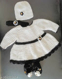 Handmade acrylic sleeveless baby girl frock with embellished net, cap, and booties - Indian traditional clothing for 0-6 months