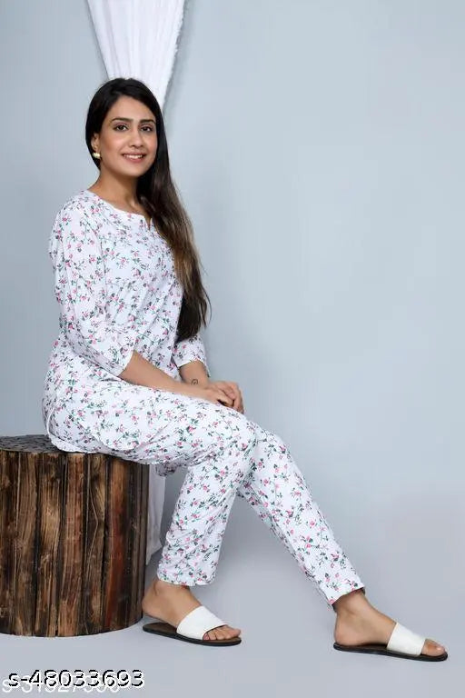 Inaaya alluring cotton nightsuit, printed net top with three-quarter sleeves, pyjamas for women, soft cotton bottom, M, L, XL, XXL sizes