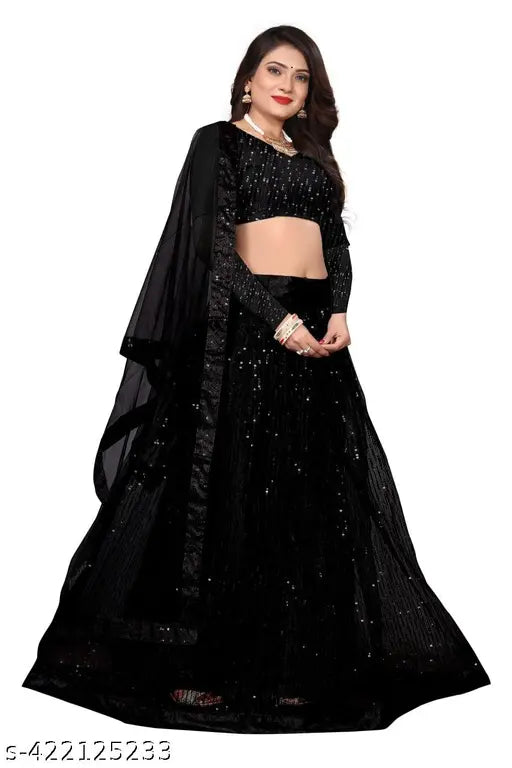 Black net women's western party wear Lehenga Choli, embellished dupatta with embroidered top and bottom, semi-stitched (42in waist, 44in length) for festive wear or wedding events