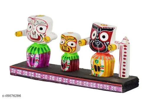 Ceramic Krishna Idol Set: Real Craft Lord Jagannath, Subhadra, Balabhadra with Sudarshan Chakra for home decor or car dashboards (3 cm L x 6 cm H x 13 cm B)