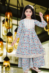 Printed cotton blend sharara dress set for kids, modern ethnic partywear in A-line style