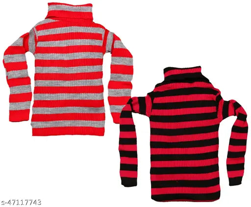 Wool striped full sleeve high neck skivvy set for winter, pack of 2 - stylish and warm woolen outfits for girls aged 9-12 years (India)