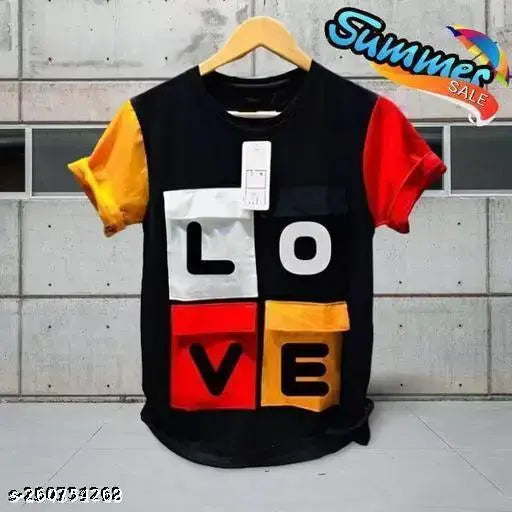 Men's love print cotton blend colorblocked t-shirt with four pockets, new arrival in third quarter sleeve style for casual wear