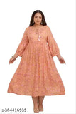 Beige rayon print gown, three-quarter sleeves, fashionable women's wedding and party attire from India