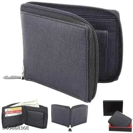 Faux leather/leatherette Classic World Fashionable men's zip lock wallet, ultra slim, 2 compartments, solid pattern, perfect for daily use
