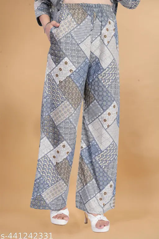 Grey straight-cut gold print kurta set with palazzos, 3/4 sleeves, modal fabric, hand wash