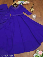 Designer navy blue georgette gown for girls & women with long sleeves, solid pattern, and waist belt. Includes matching fox georgette dupatta and extra belt. Indian origin