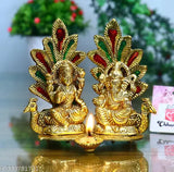 Gold-plated Laxmi Ganesh idol statue with peacock diya design, 14cm high decorative showpiece from India